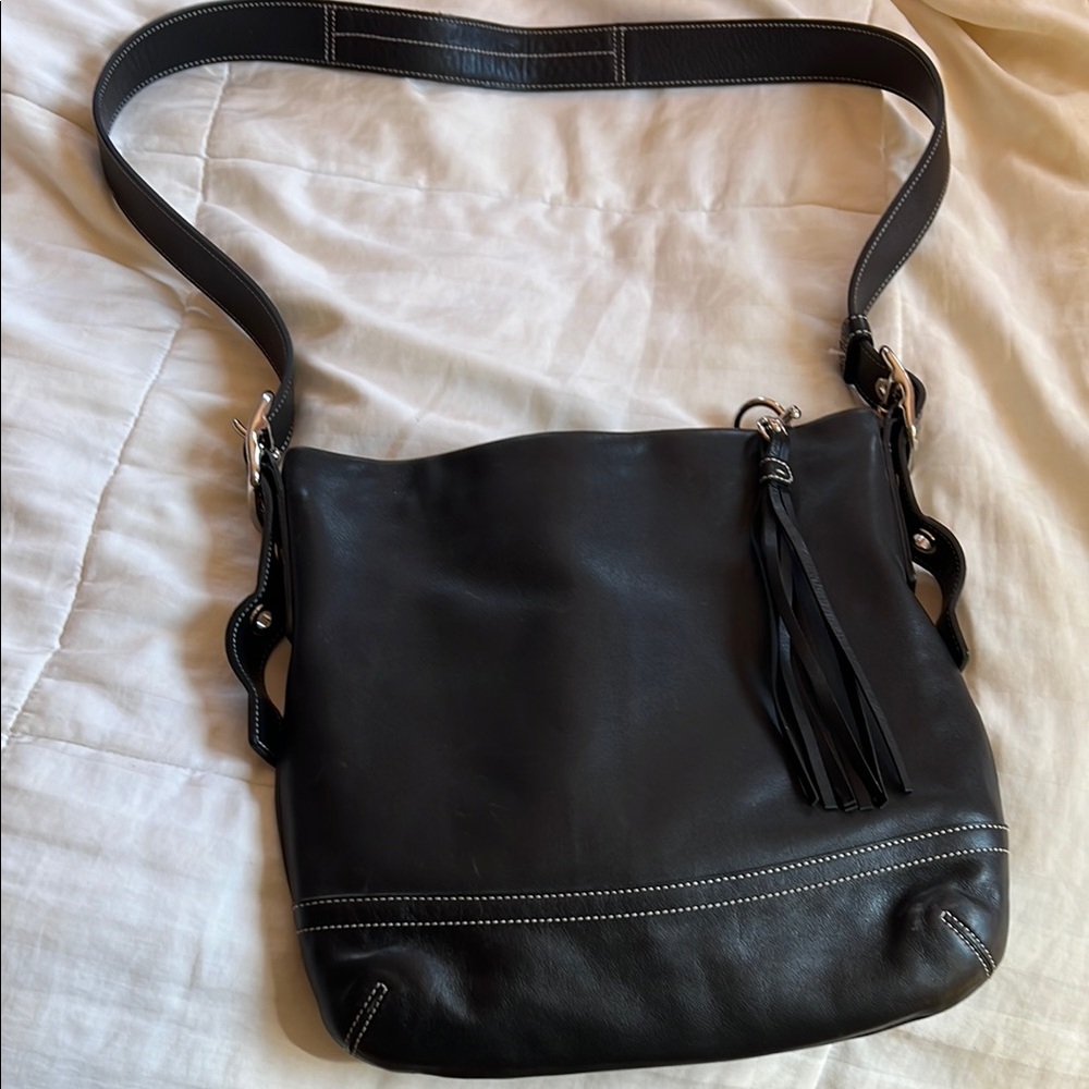 Coach Black Leather Shoulder Bag with Tassel Detail